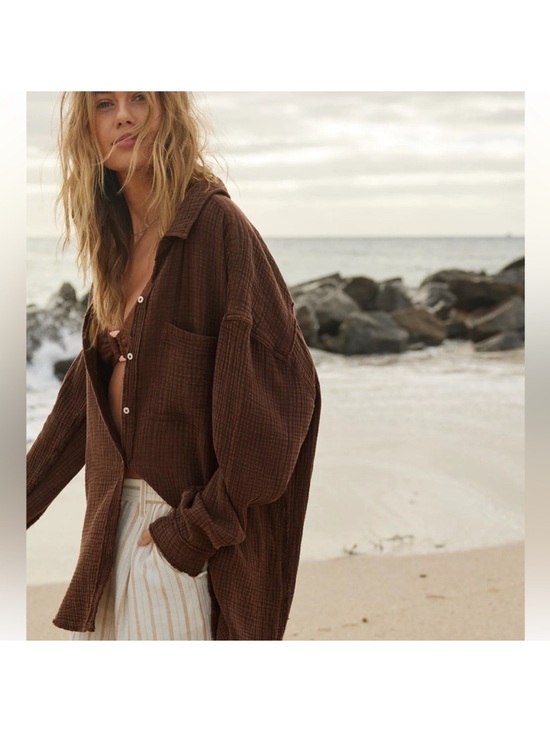 aerie Tops - AERIE Chocolate Brown Gauze Pool to Party Oversized Button down Shirt